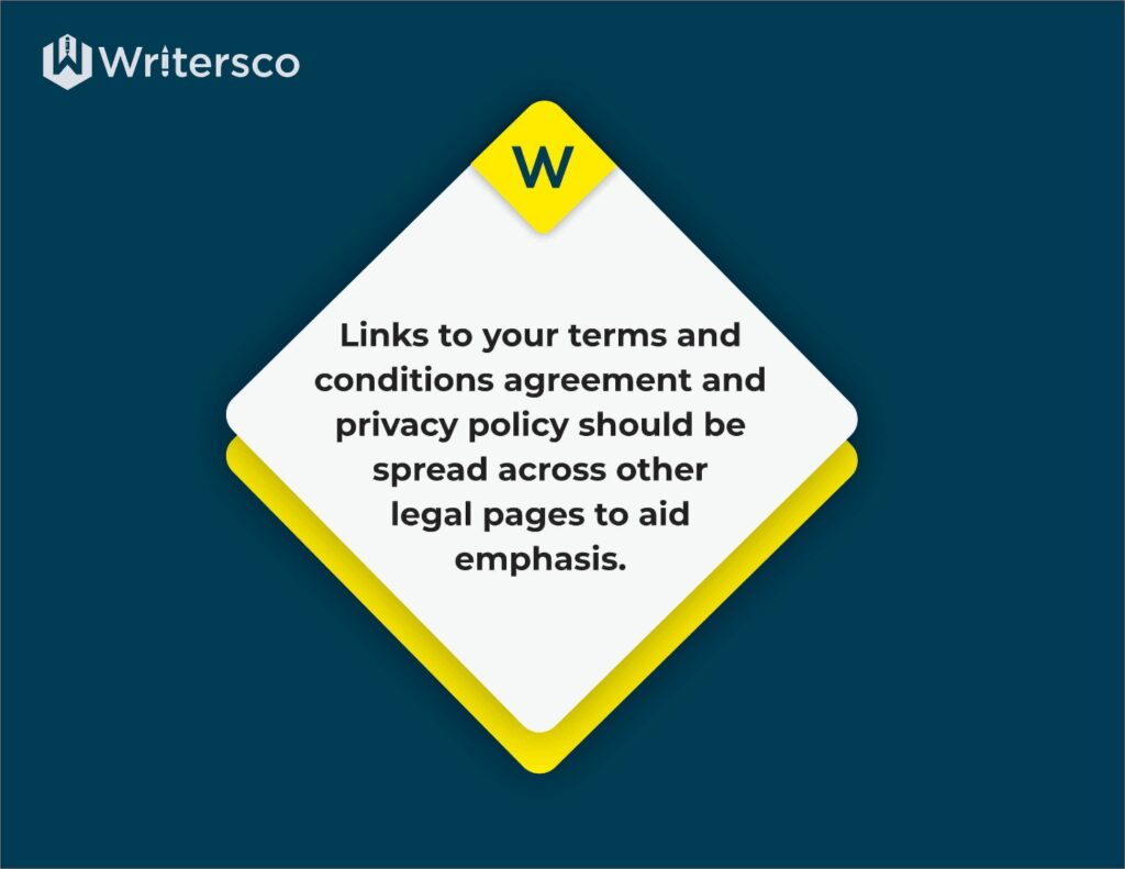 Links to your terms and conditions agreement and legal pages should be spread across other legal pages for emphasis
