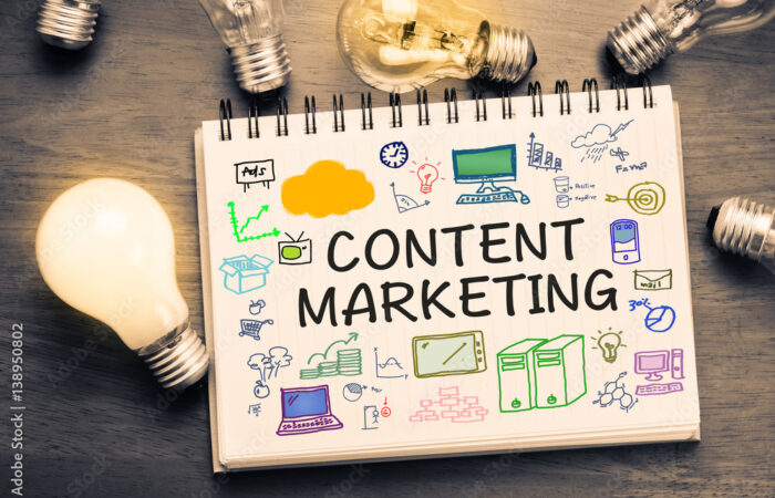 Content marketing with illustrations of blog posts, videos, seo, ads, and so on.