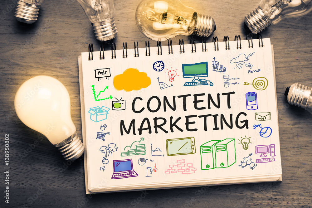 Content marketing with illustrations of blog posts, videos, seo, ads, and so on.