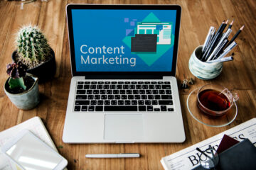 Open laptop with the words content marketing written on the screen. Content marketing in Nigeria