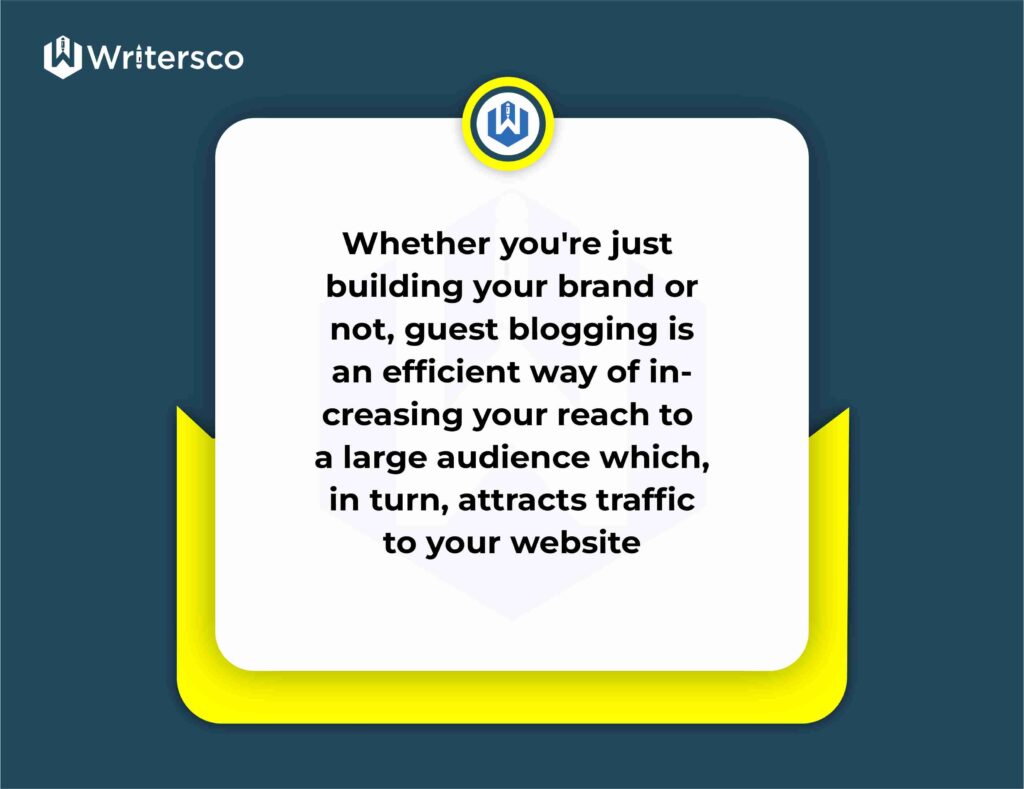 Whether you are just building your brand or not, guest blogging is an efficient way of increasing your reach to a larger audience base, which in turn, attracts traffic back to your company’s website.